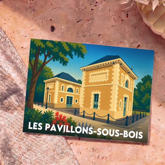 Carte postale souvenir de la ville de Les Pavillons-sous-Bois illustrant deux pavillons historiques dans un style rétro coloré.