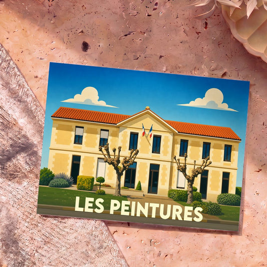 Carte postale souvenir de la ville de Les Peintures avec une illustration stylisée de sa mairie.