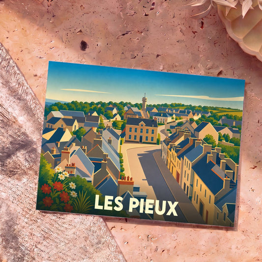 Carte postale souvenir de la ville de Les Pieux avec une illustration colorée et stylisée de ses rues et de ses maisons.