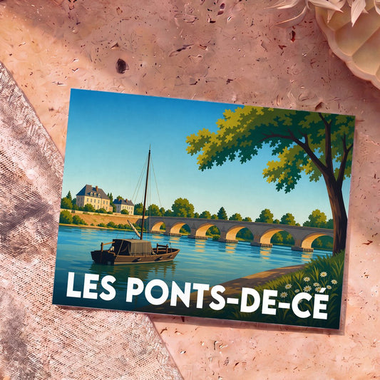 Carte postale souvenir de la ville de Les Ponts-de-Cé avec une illustration stylisée d'un pont et d'une gabare sur la Loire.