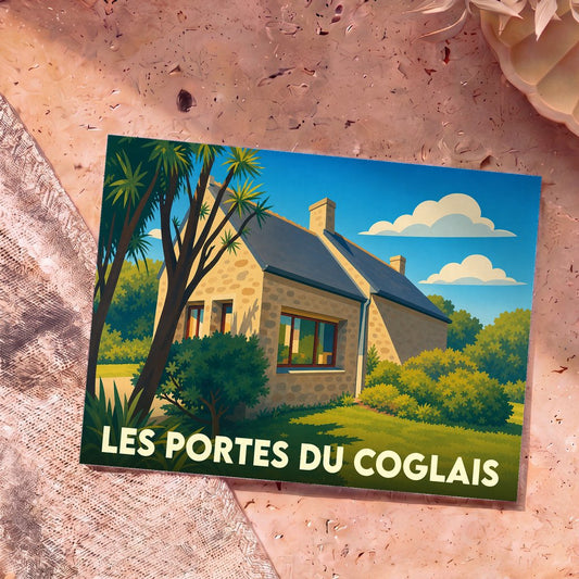 Carte postale souvenir de la ville de Les Portes du Coglais avec une illustration stylisée d'une maison en pierre.