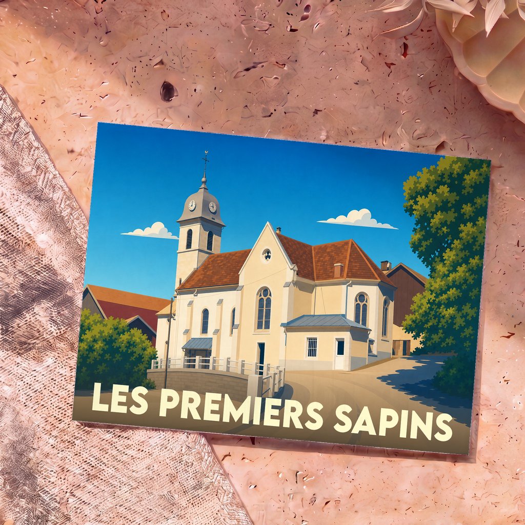 Carte postale souvenir de la ville de Les Premiers Sapins avec une illustration stylisée de son église sous un ciel bleu.