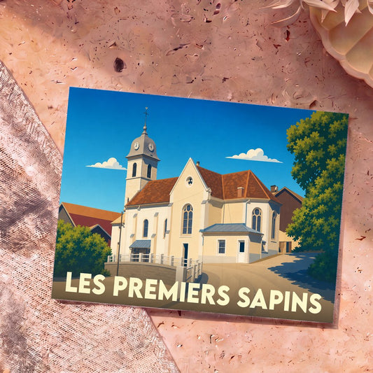 Carte postale souvenir de la ville de Les Premiers Sapins avec une illustration stylisée de son église sous un ciel bleu.
