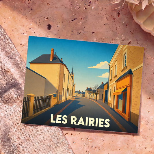 Carte postale souvenir de la ville de Les Rairies avec une illustration stylisée d'une rue ensoleillée.