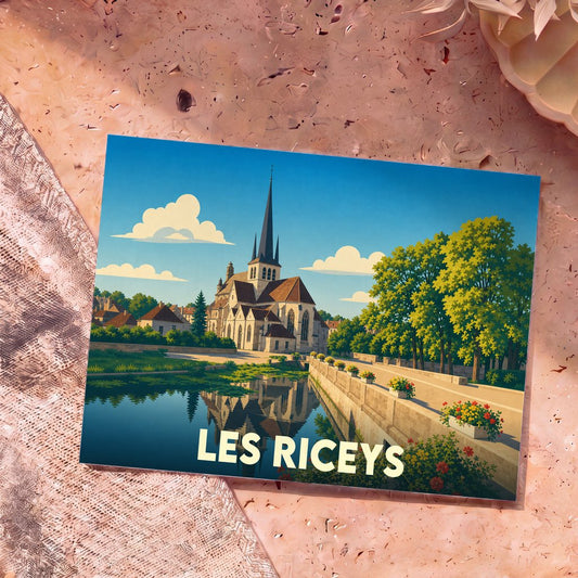Carte postale souvenir de la ville de Les Riceys illustrant une église au bord de l'eau dans un style graphique épuré.