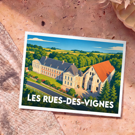 Carte postale souvenir de la ville de Les Rues-des-Vignes avec une illustration stylisée de l'abbaye de Vaucelles.