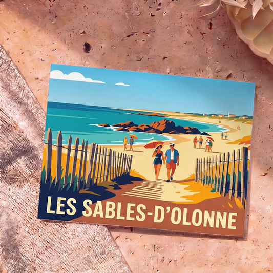 Carte postale souvenir de la ville de Les Sables-d'Olonne arborant une illustration balnéaire de style rétro.