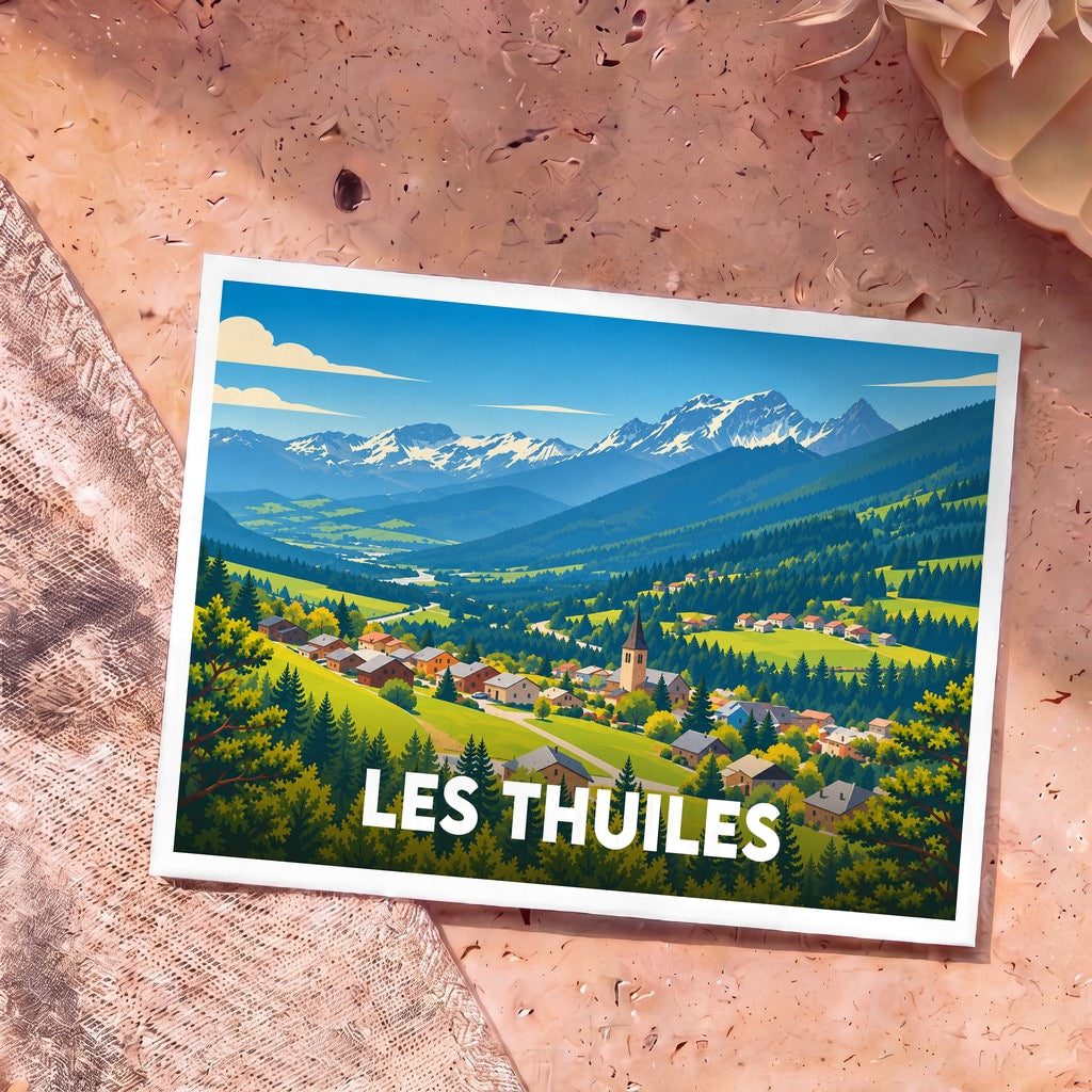 Carte postale souvenir de la ville de Les Thuiles avec une illustration stylisée d'un village de montagne.