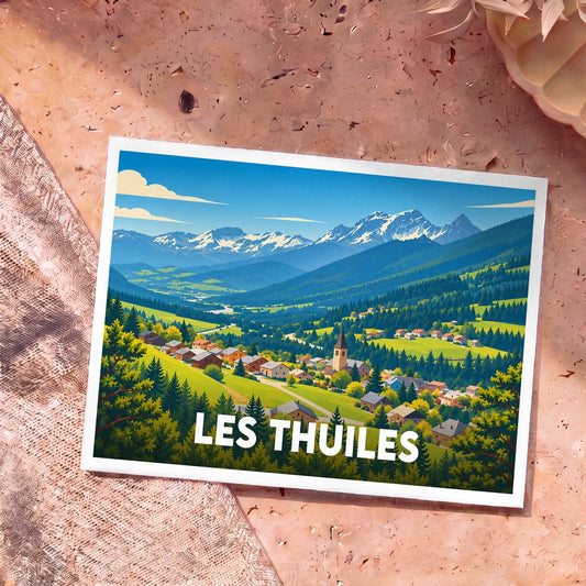 Carte postale souvenir de la ville de Les Thuiles avec une illustration stylisée d'un village de montagne.