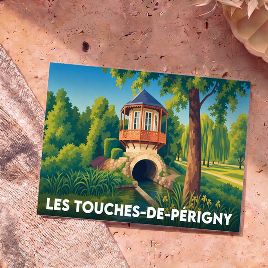 Carte postale souvenir de la ville de Les Touches-de-Périgny avec une illustration stylisée d'un pavillon au-dessus d'une rivière.