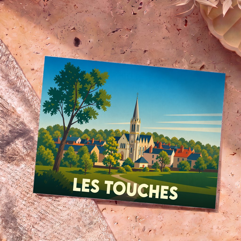 Carte postale souvenir de la ville de Les Touches avec une illustration stylisée de son église et de ses paysages.