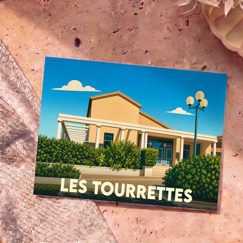 Carte postale souvenir de la ville de Les Tourrettes illustrant un bâtiment ensoleillé dans un style graphique épuré.