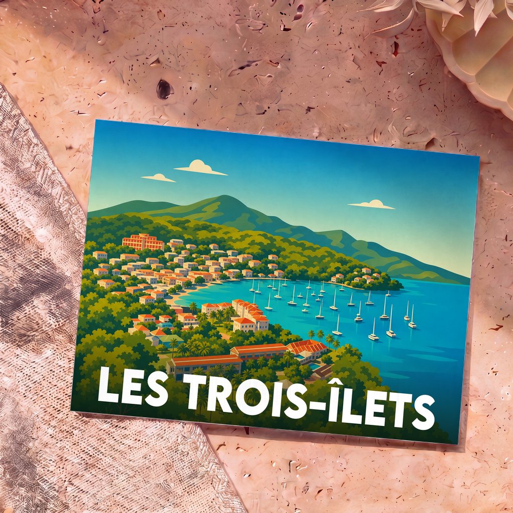 Carte postale souvenir de la ville de Les Trois-Îlets avec une illustration stylisée d'une baie bordée de maisons et de voiliers.