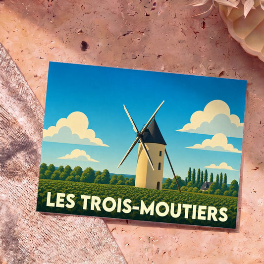 Carte postale souvenir de la ville de Les Trois-Moutiers illustrant un moulin à vent stylisé dans un paysage champêtre.