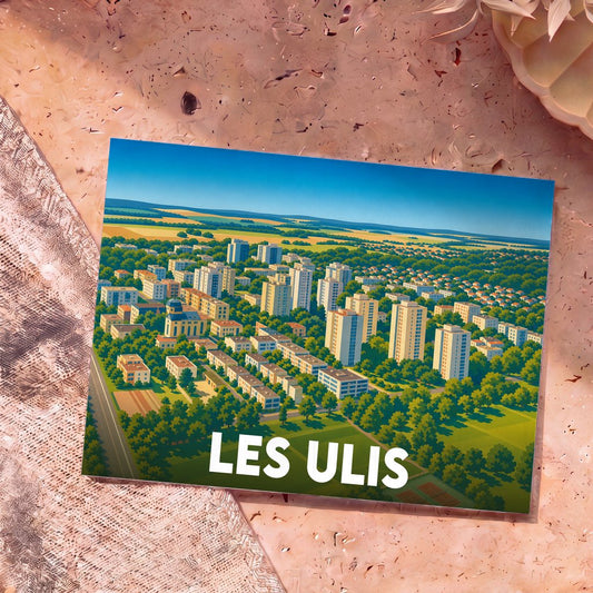 Carte postale souvenir de la ville de Les Ulis avec une illustration stylisée vue du ciel.