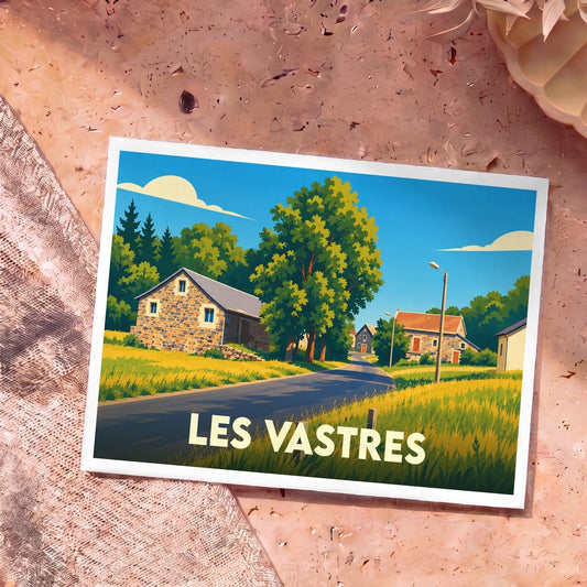 Carte postale souvenir de la ville de Les Vastres avec une illustration stylisée d'un village rural.