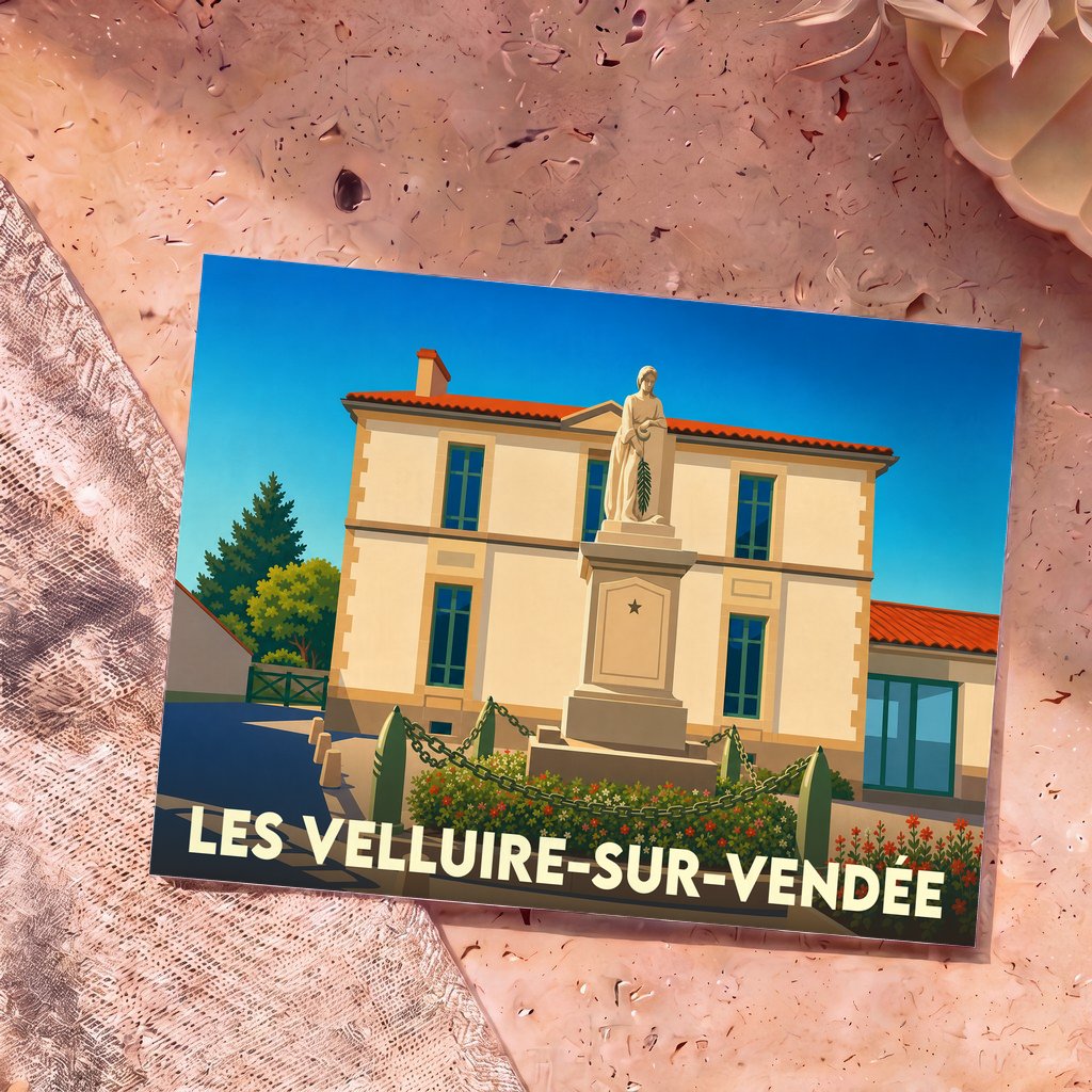 Carte postale souvenir de la ville de Les Velluire-sur-Vendée avec une illustration stylisée de son monument aux morts.
