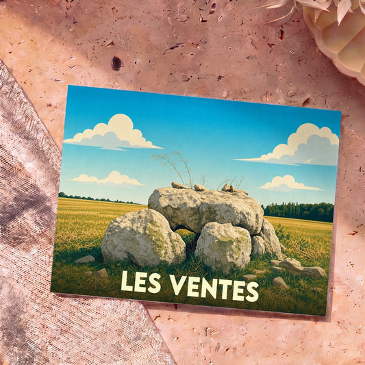 Carte postale souvenir de la ville de Les Ventes illustrant un dolmen stylisé dans un champ.