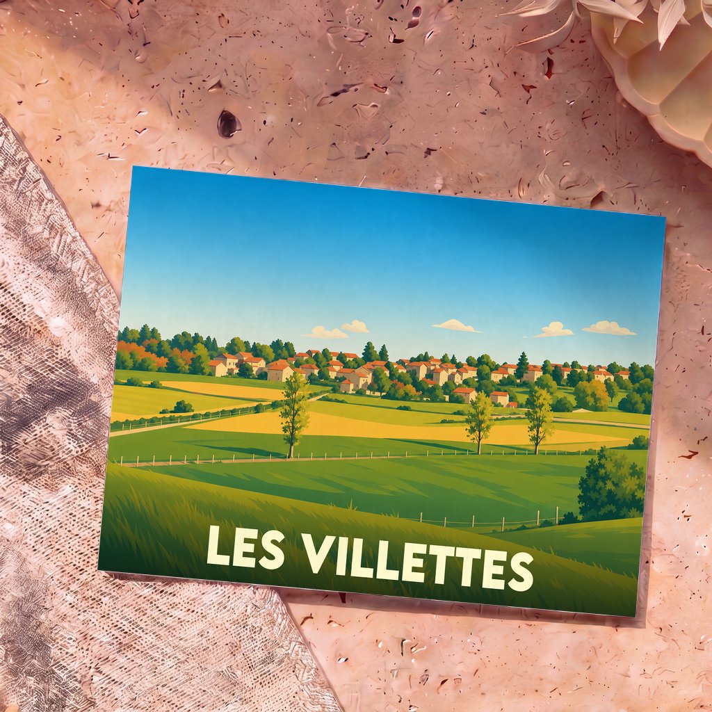Carte postale souvenir de la ville de Les Villettes avec une illustration stylisée d'un paysage de campagne.