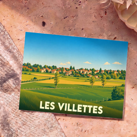 Carte postale souvenir de la ville de Les Villettes avec une illustration stylisée d'un paysage de campagne.