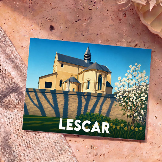 Carte postale souvenir de la ville de Lescar avec une illustration stylisée de sa cathédrale.