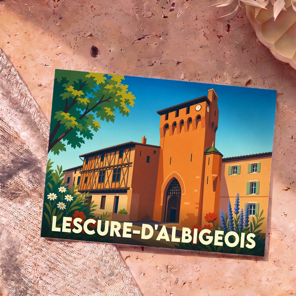 Carte postale souvenir de la ville de Lescure-d'Albigeois avec une illustration stylisée de sa tour médiévale.