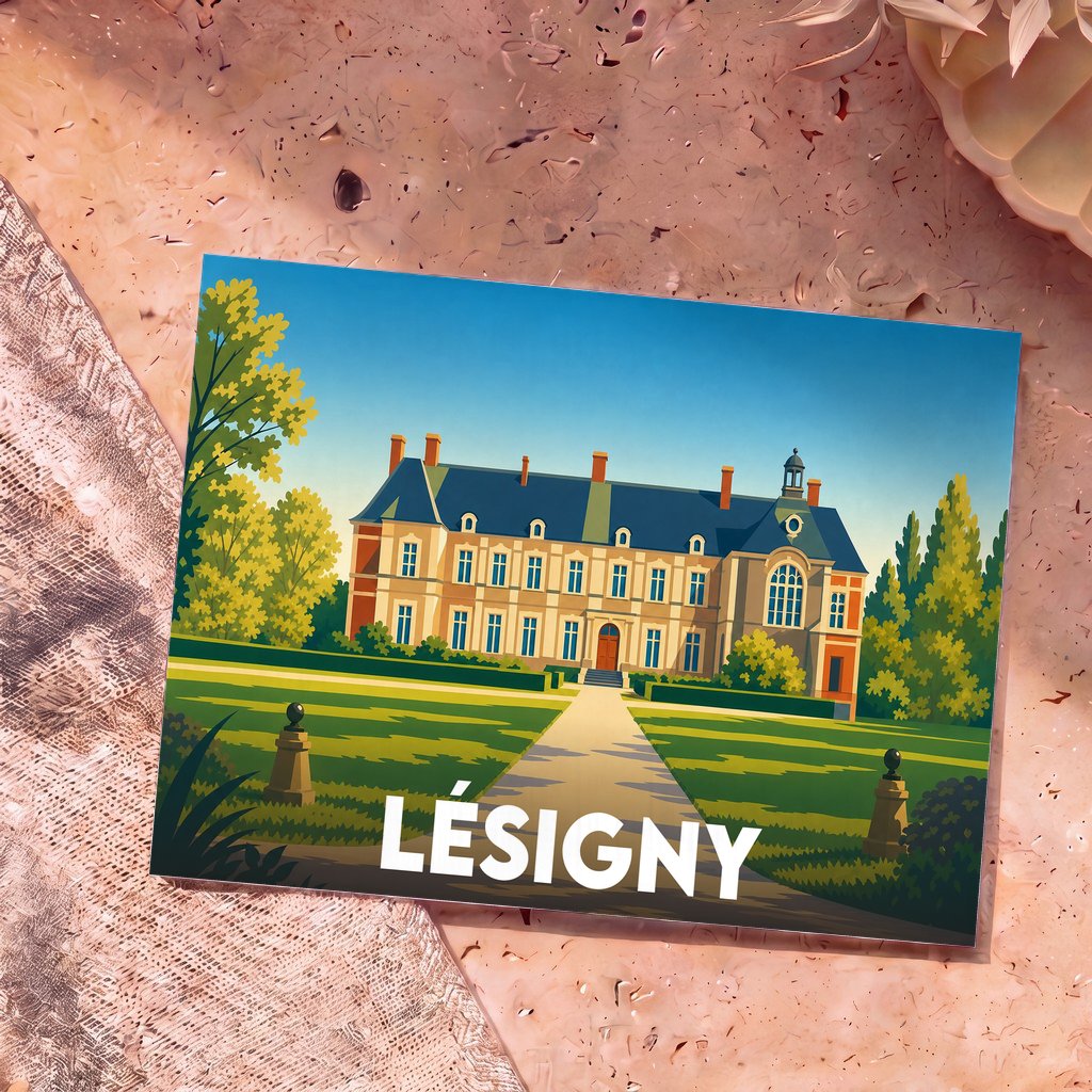 Carte postale souvenir de la ville de Lésigny avec une illustration stylisée de son château.