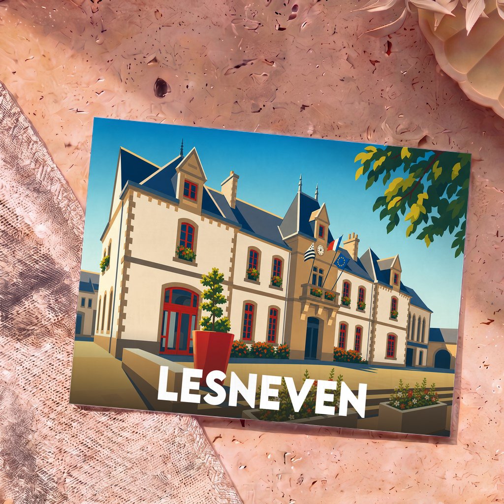 Carte postale souvenir de la ville de Lesneven avec une illustration colorée et stylisée de l'hôtel de ville.