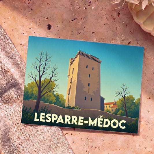 Carte postale souvenir de la ville de Lesparre-Médoc illustrant la Tour de l'Honneur dans un style graphique épuré.