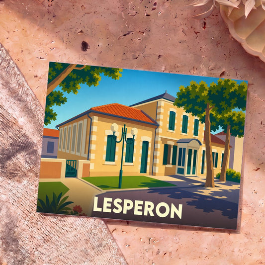Carte postale souvenir de la ville de Lesperon avec une illustration stylisée d'un bâtiment typique.