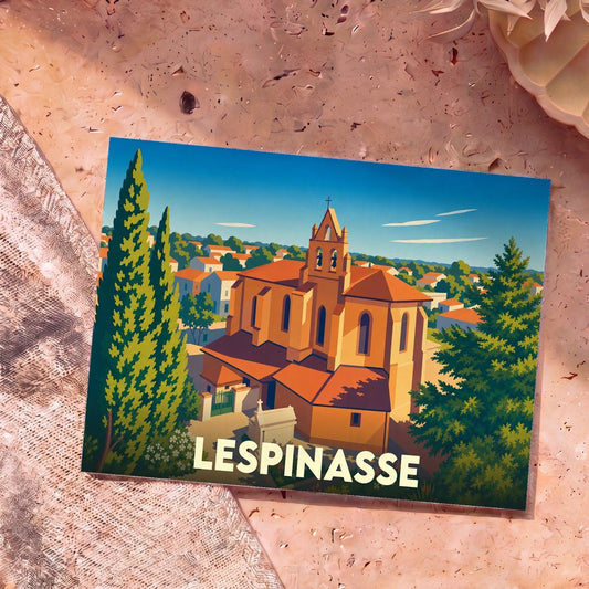 Carte postale souvenir de la ville de Lespinasse avec une illustration stylisée de son église et de son paysage.