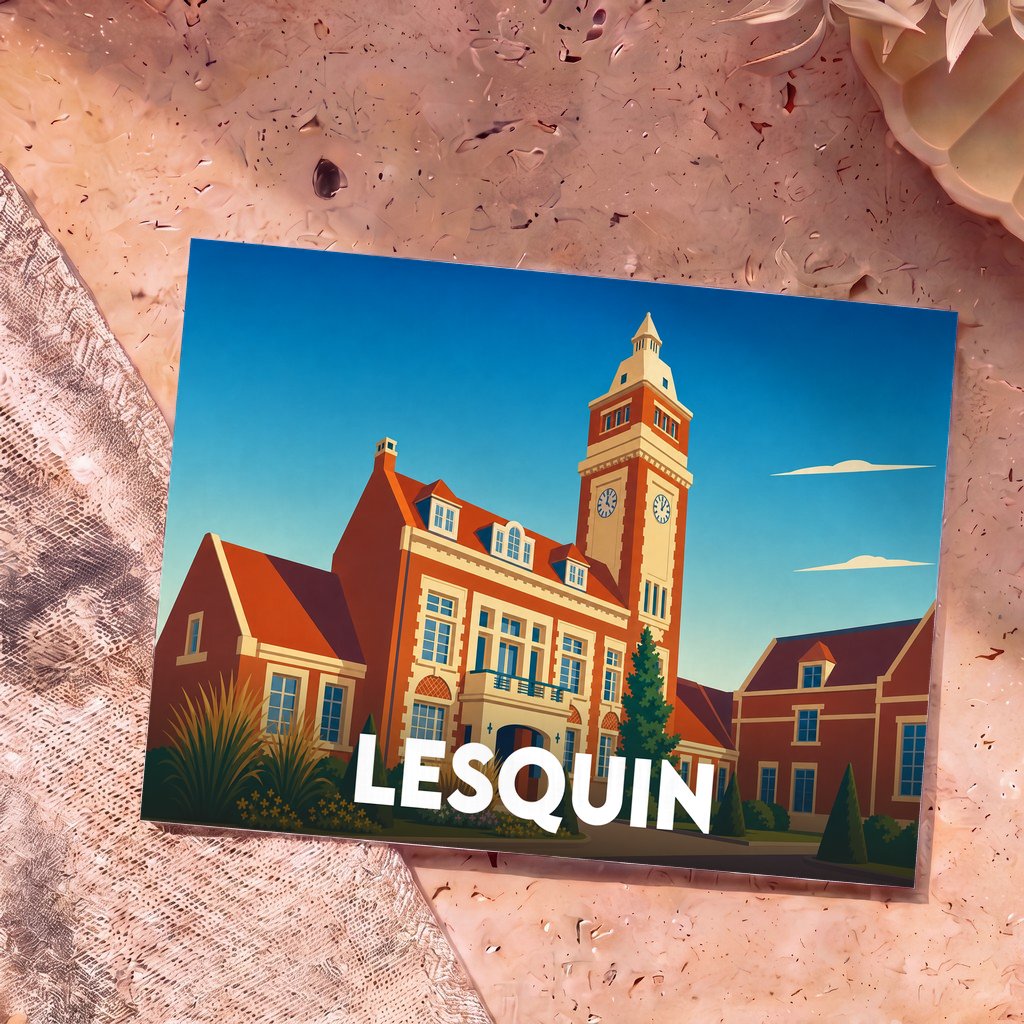 Carte postale souvenir de la ville de Lesquin illustrant l'hôtel de ville dans un style graphique épuré.