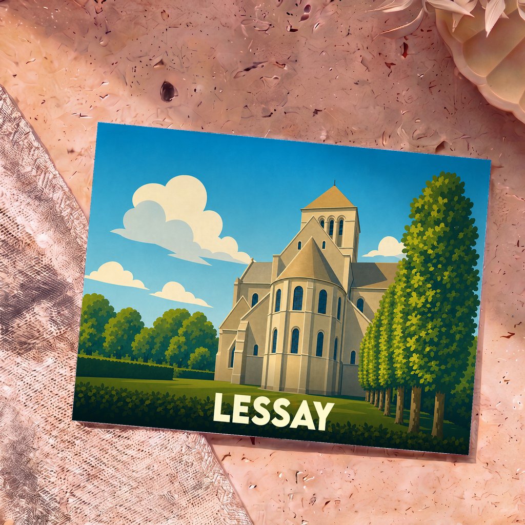 Carte postale souvenir de la ville de Lessay avec une illustration stylisée de son abbaye normande.