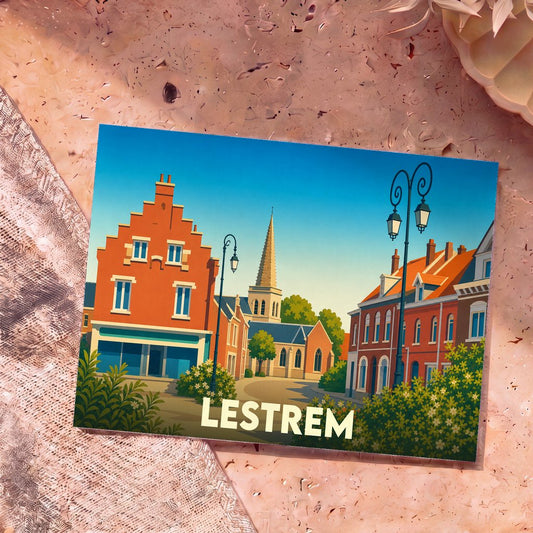 Carte postale souvenir de la ville de Lestrem avec une illustration stylisée de ses bâtiments en briques rouges et de son église.