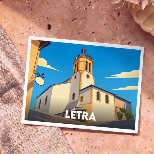 Carte postale souvenir de la ville de Létra avec une illustration stylisée de son église.
