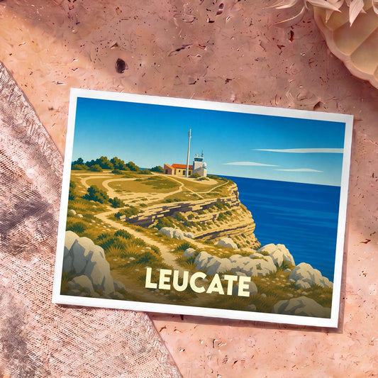 Carte postale souvenir de la ville de Leucate présentant une illustration stylisée de son phare au sommet des falaises bordant la mer.