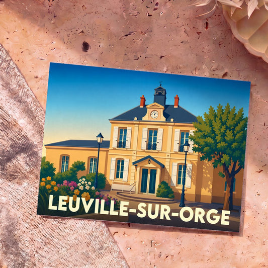 Carte postale souvenir de Leuville-sur-Orge avec une illustration colorée de l'hôtel de ville.