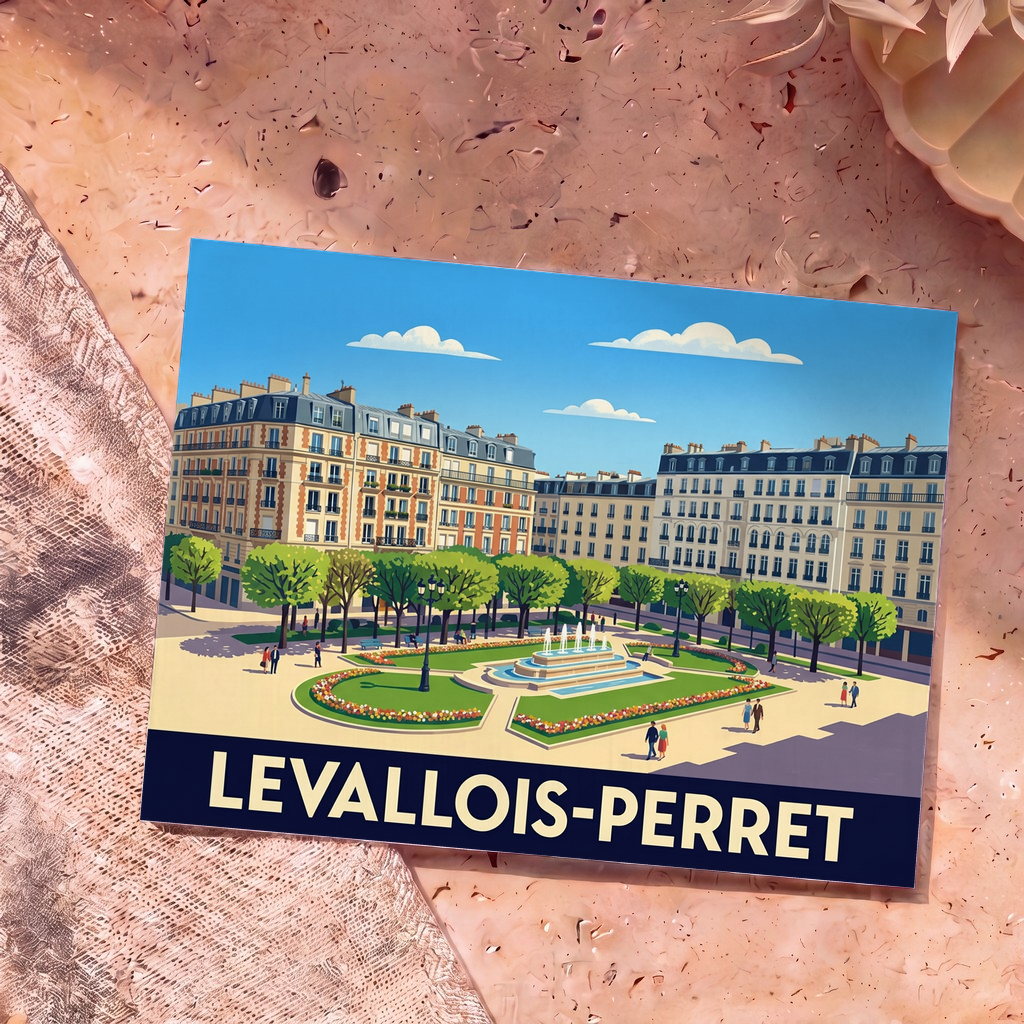 Carte postale souvenir de la ville de Levallois-Perret illustrant une place arborée avec une fontaine.