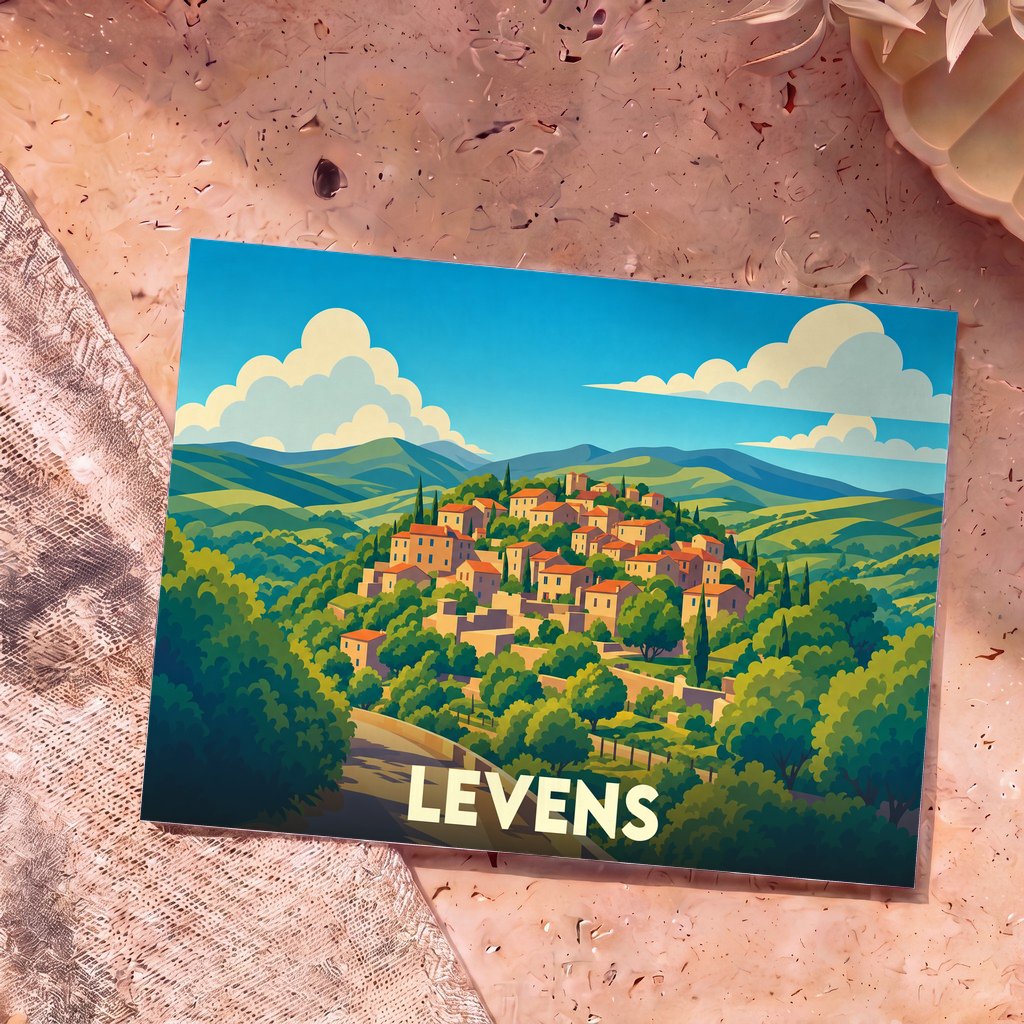 Carte postale souvenir de la ville de Levens avec une illustration stylisée de son village perché dans les collines.