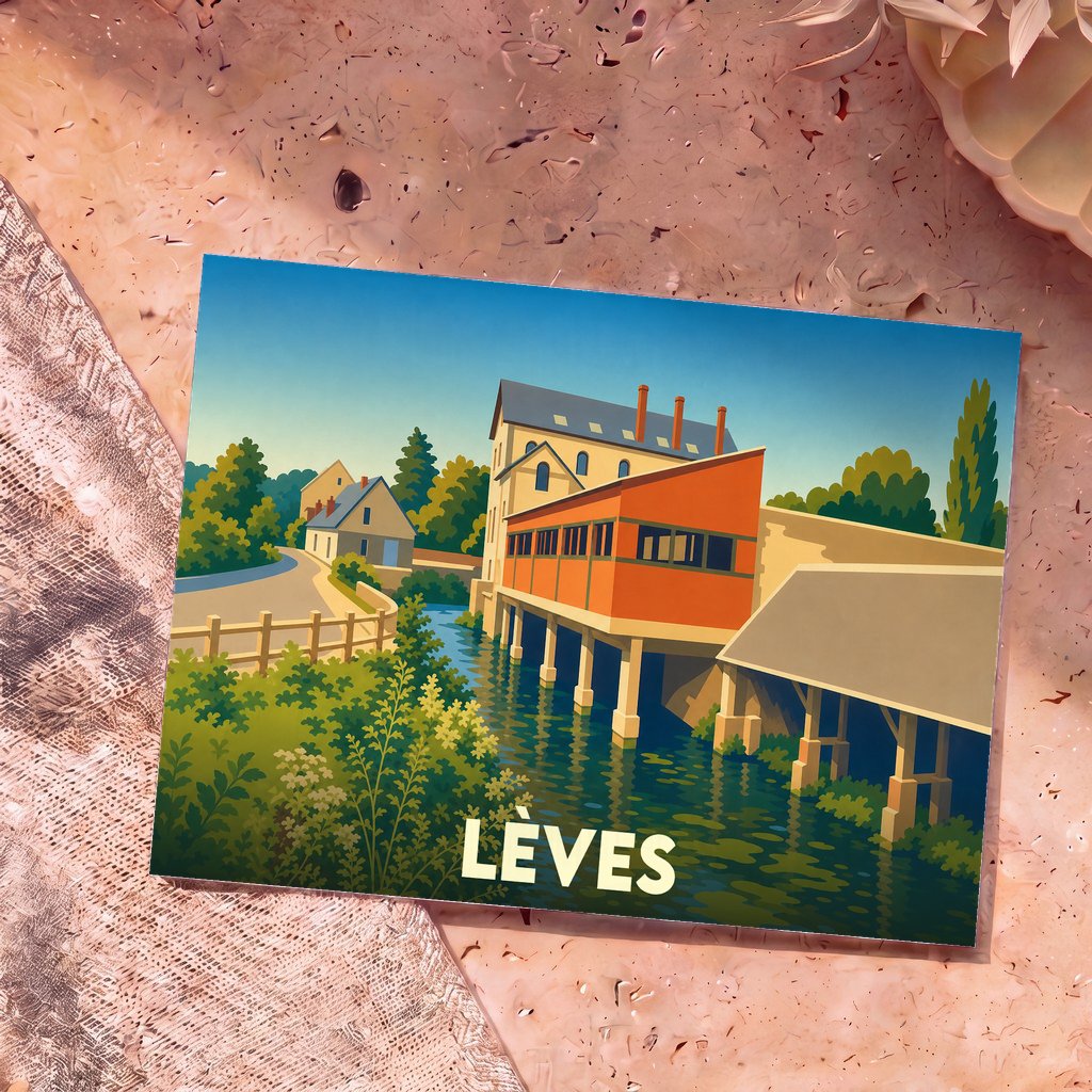 Carte postale souvenir de la ville de Lèves arborant une illustration colorée et stylisée de ses bords de rivière.