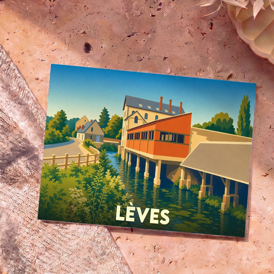 Carte postale souvenir de la ville de Lèves arborant une illustration colorée et stylisée de ses bords de rivière.