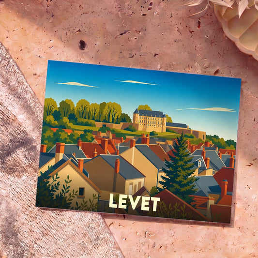 Carte postale souvenir de la ville de Levet avec une illustration stylisée de ses toits et de son château.
