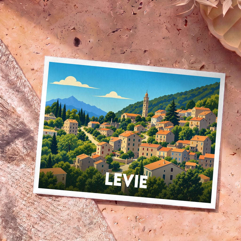 Carte postale souvenir de la ville de Levie illustrant le village et son clocher dans un style graphique épuré.