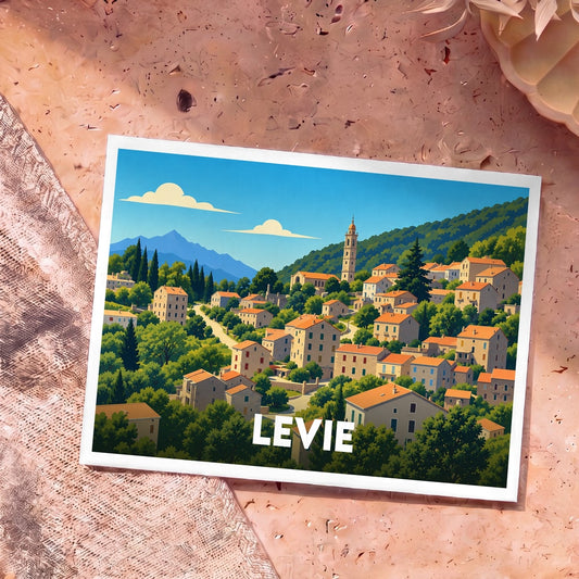 Carte postale souvenir de la ville de Levie illustrant le village et son clocher dans un style graphique épuré.