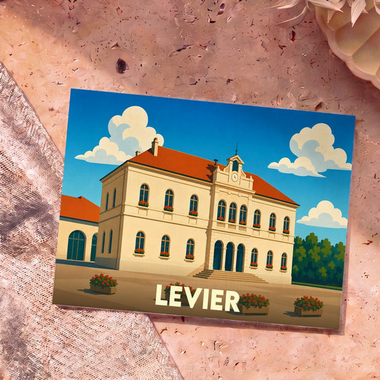 Carte postale souvenir de la ville de Levier avec une illustration stylisée de son hôtel de ville.