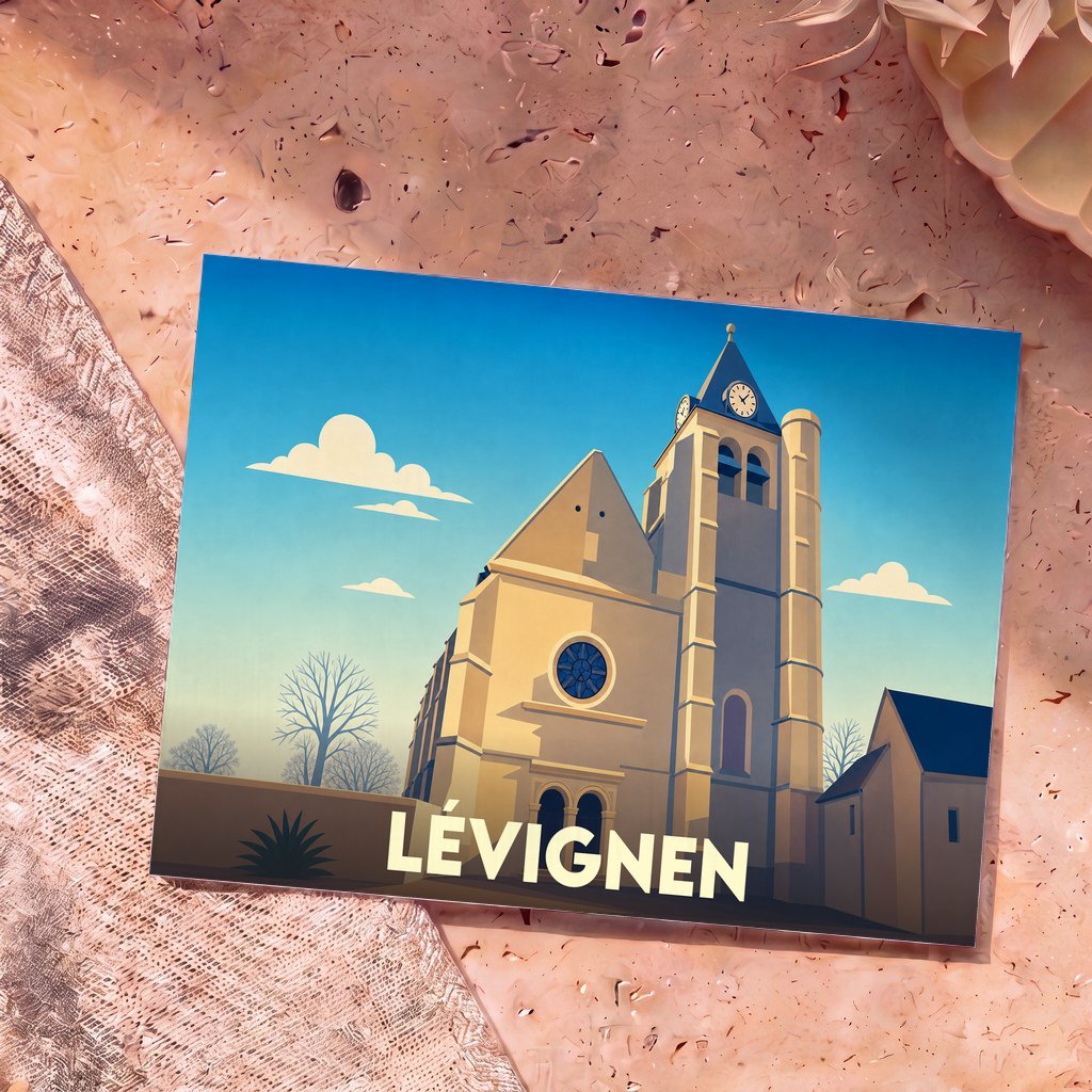 Carte postale souvenir de la ville de Lévignen illustrant son église dans un style graphique épuré.