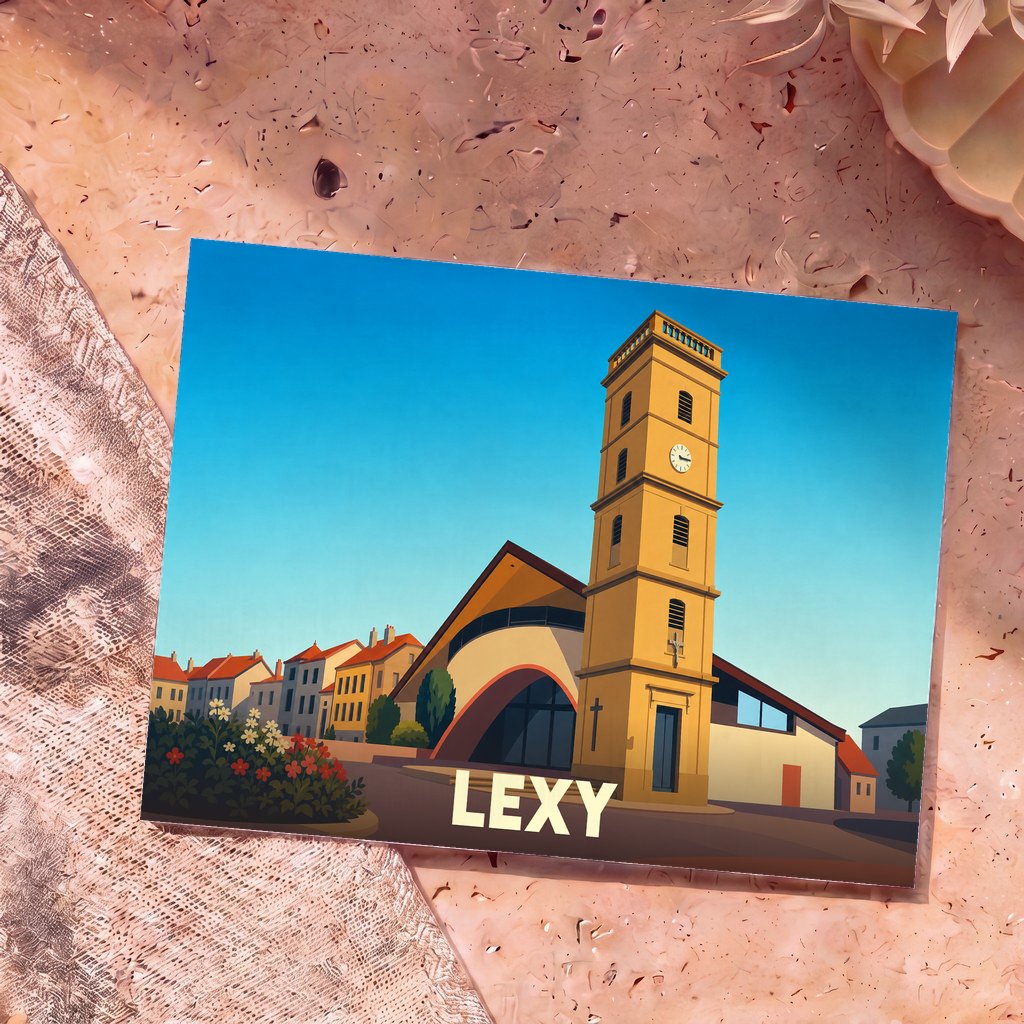 Carte postale souvenir de la ville de Lexy avec une illustration stylisée de son église et de son clocher.