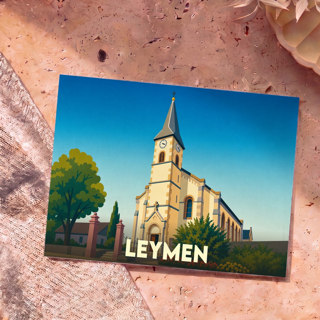 Carte postale souvenir de la ville de Leymen avec une illustration stylisée de son église sous un ciel bleu.