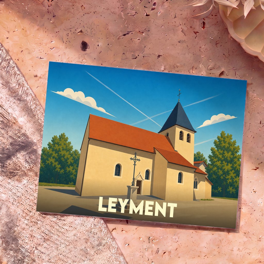 Carte postale souvenir de la ville de Leyment avec une illustration stylisée de son église.