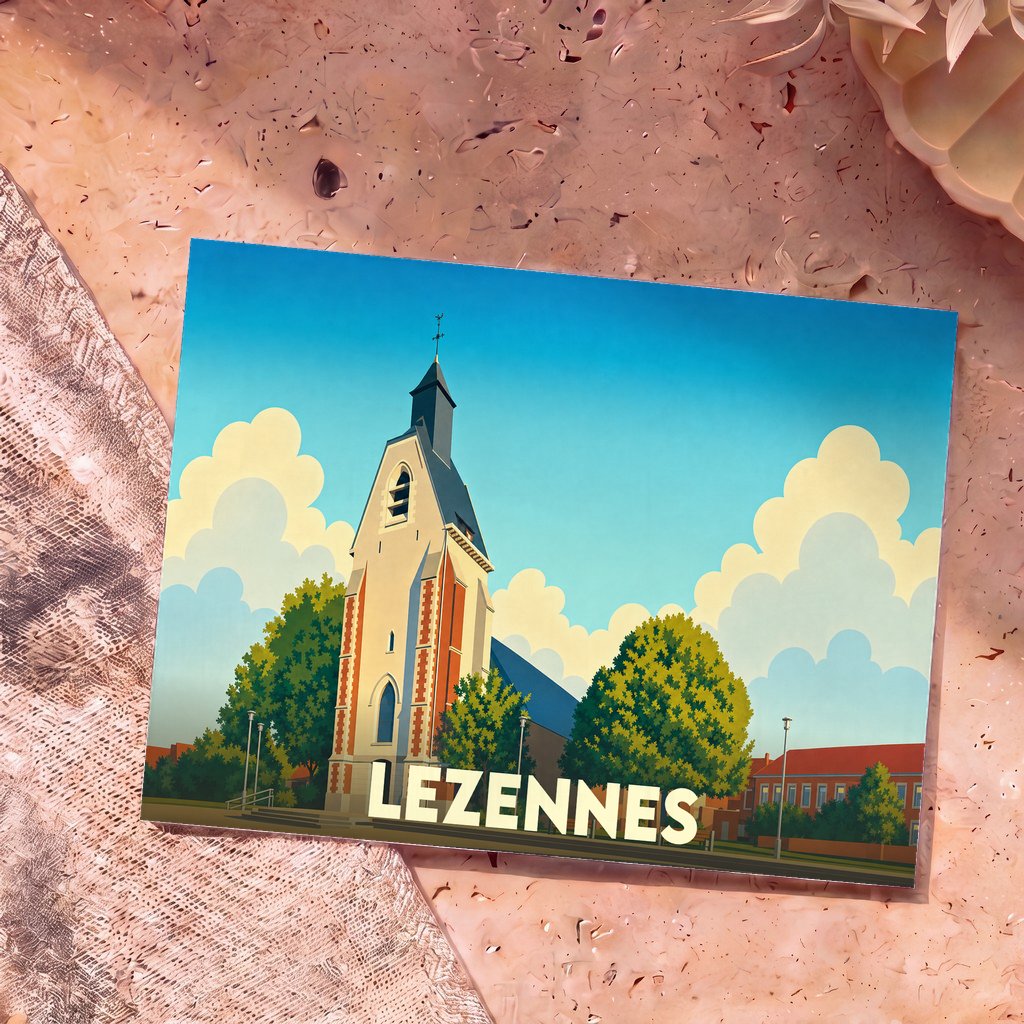Carte postale souvenir de la ville de Lezennes avec une illustration stylisée de son église.